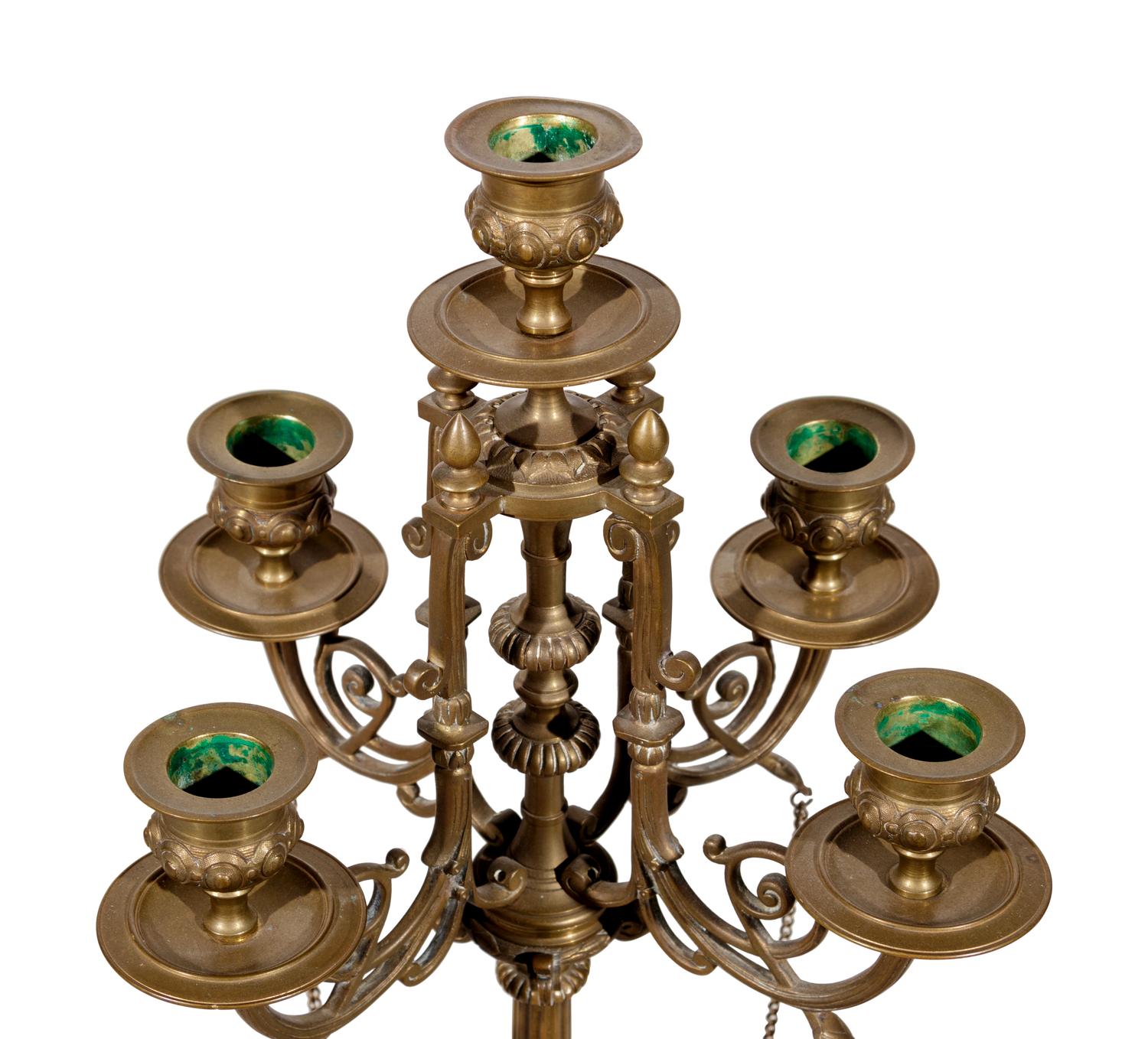 A Pair of French Neoclassical Gilt Bronze Five-Light Candelabra
