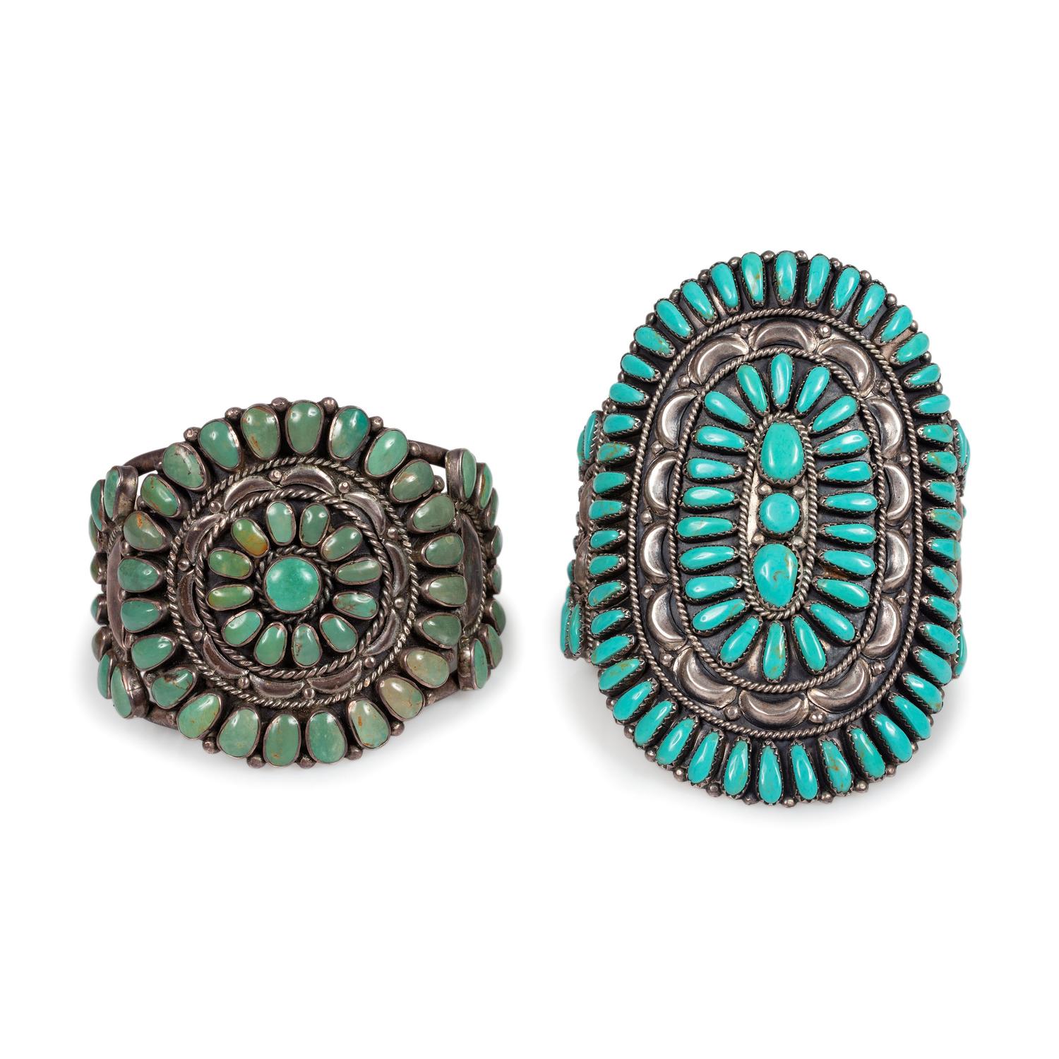 Navajo Silver and Turquoise Cluster Cuff Bracelets