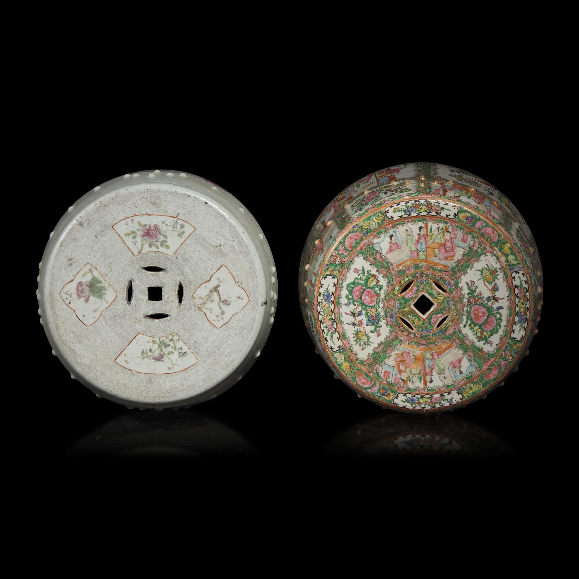 Two Chinese Famille Rose Porcelain Garden Stools, Late 19th-Early 20th Century — 晚清-民國 粉彩、廣彩瓷鼓凳兩件