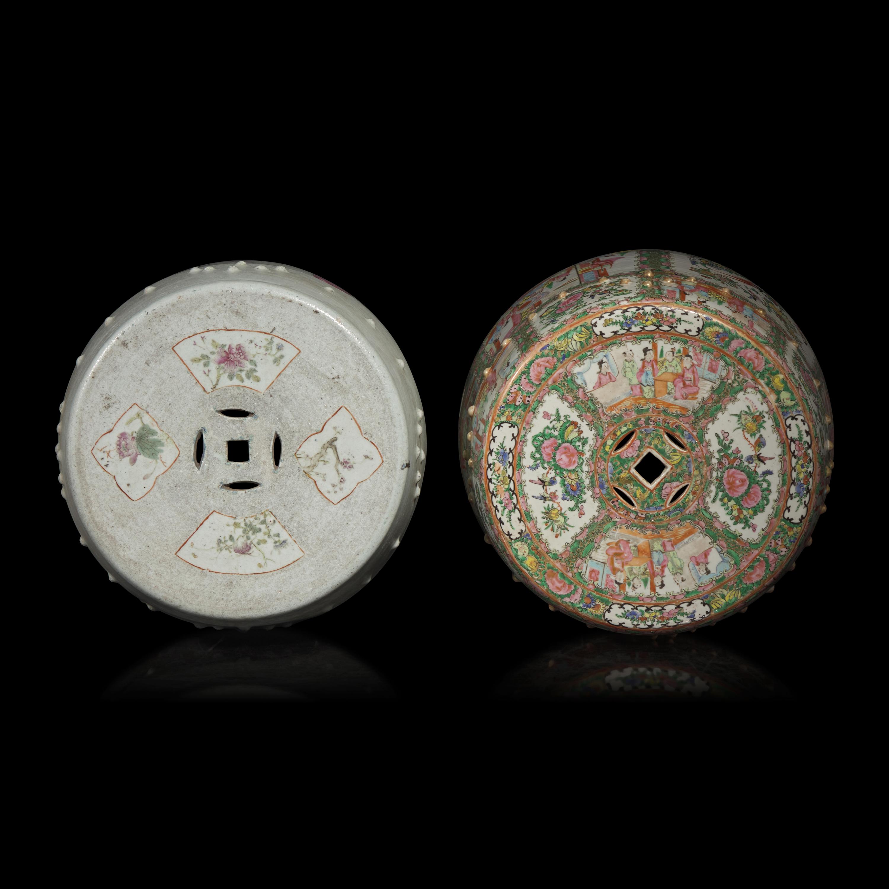 Two Chinese Famille Rose Porcelain Garden Stools, Late 19th-Early 20th Century — 晚清-民國 粉彩、廣彩瓷鼓凳兩件