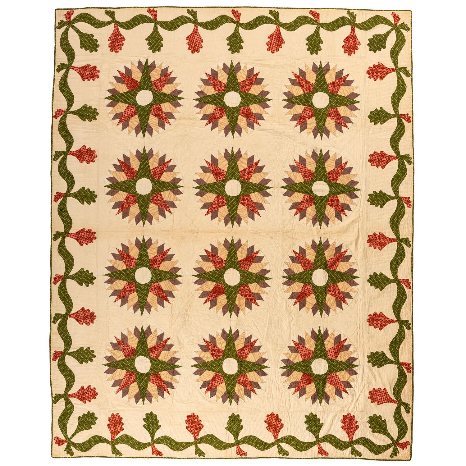 A Mariner's Compass Pattern Quilt with Oak Leaves