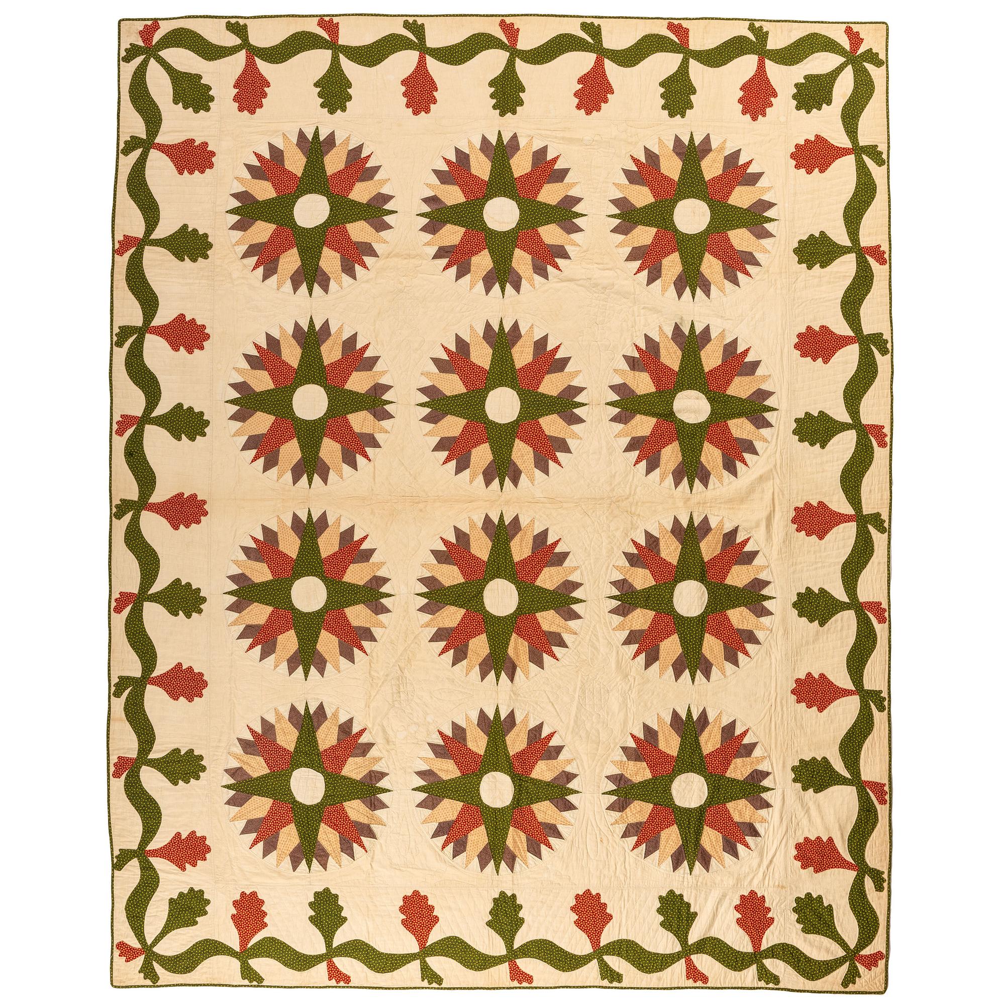 A Mariner's Compass Pattern Quilt with Oak Leaves