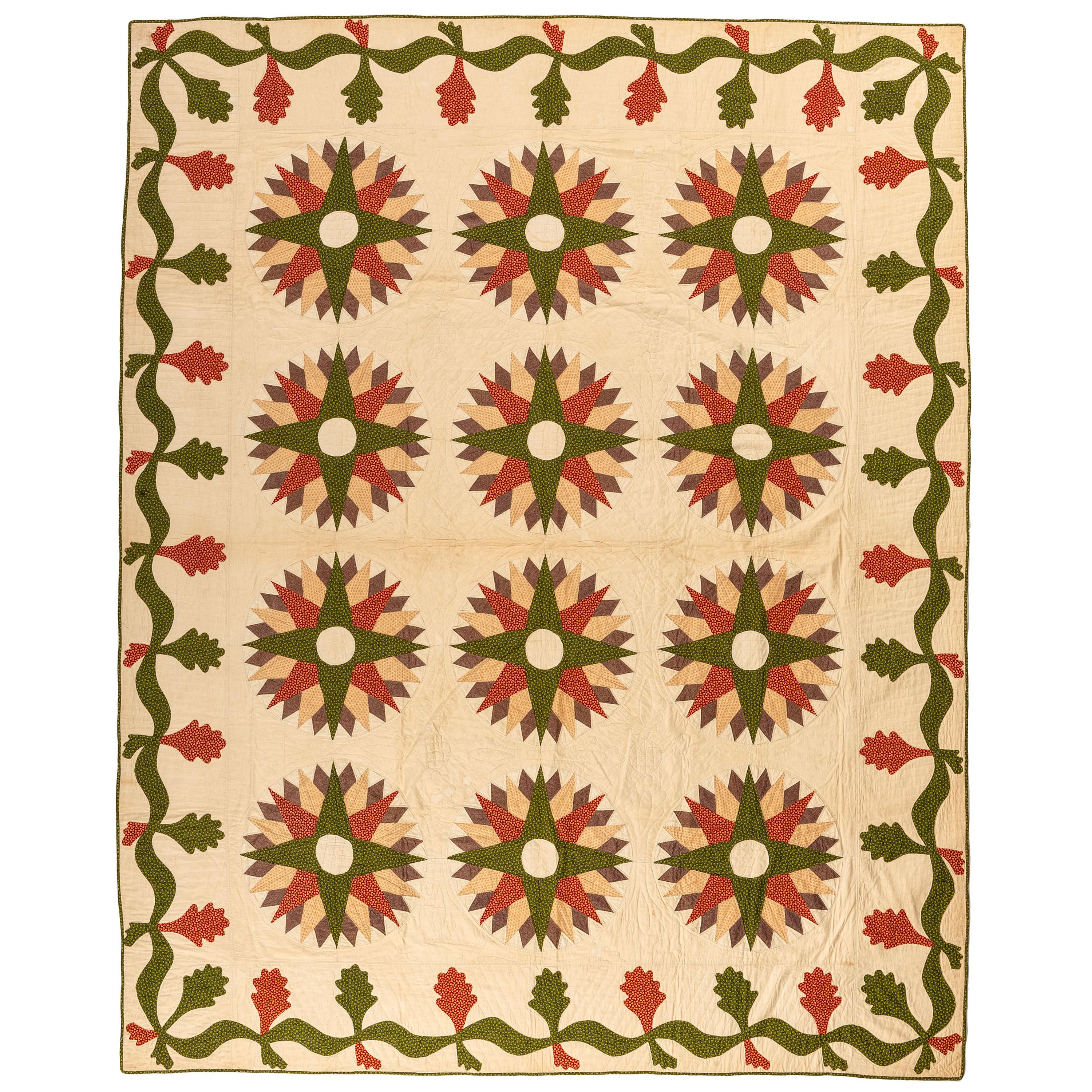 A Mariner's Compass Pattern Quilt with Oak Leaves