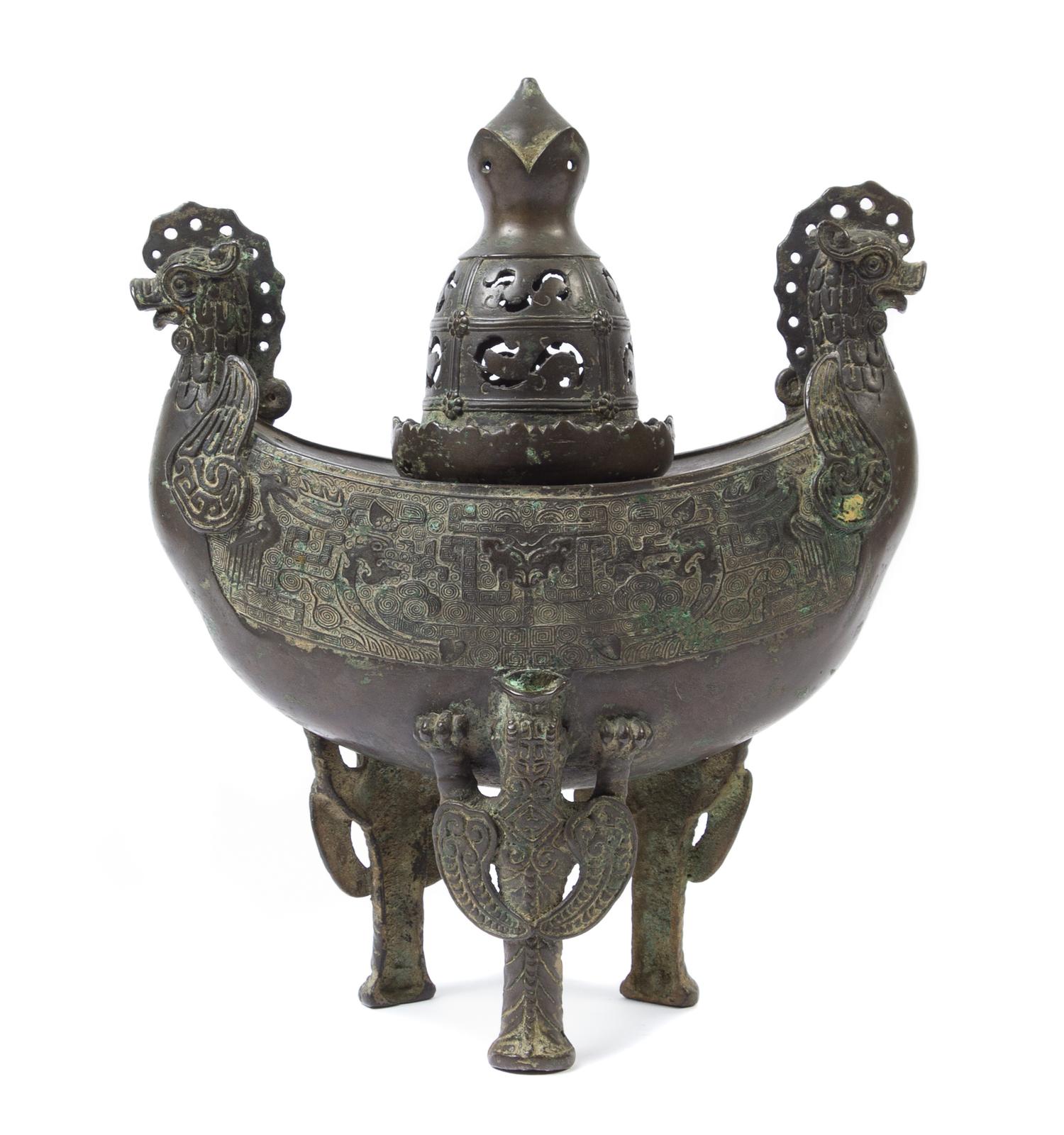 An Unusual Chinese Archaistic Bronze Covered Tripod Censer LATE 19TH CENTURY OR EARLIER Height 13 3/4 inches. — LATE 19TH CENTURY OR EARLIER