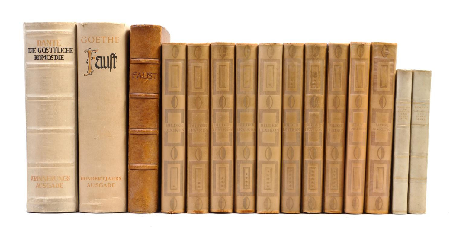 (BINDINGS) 15 books bound in shades of cream and light brown.