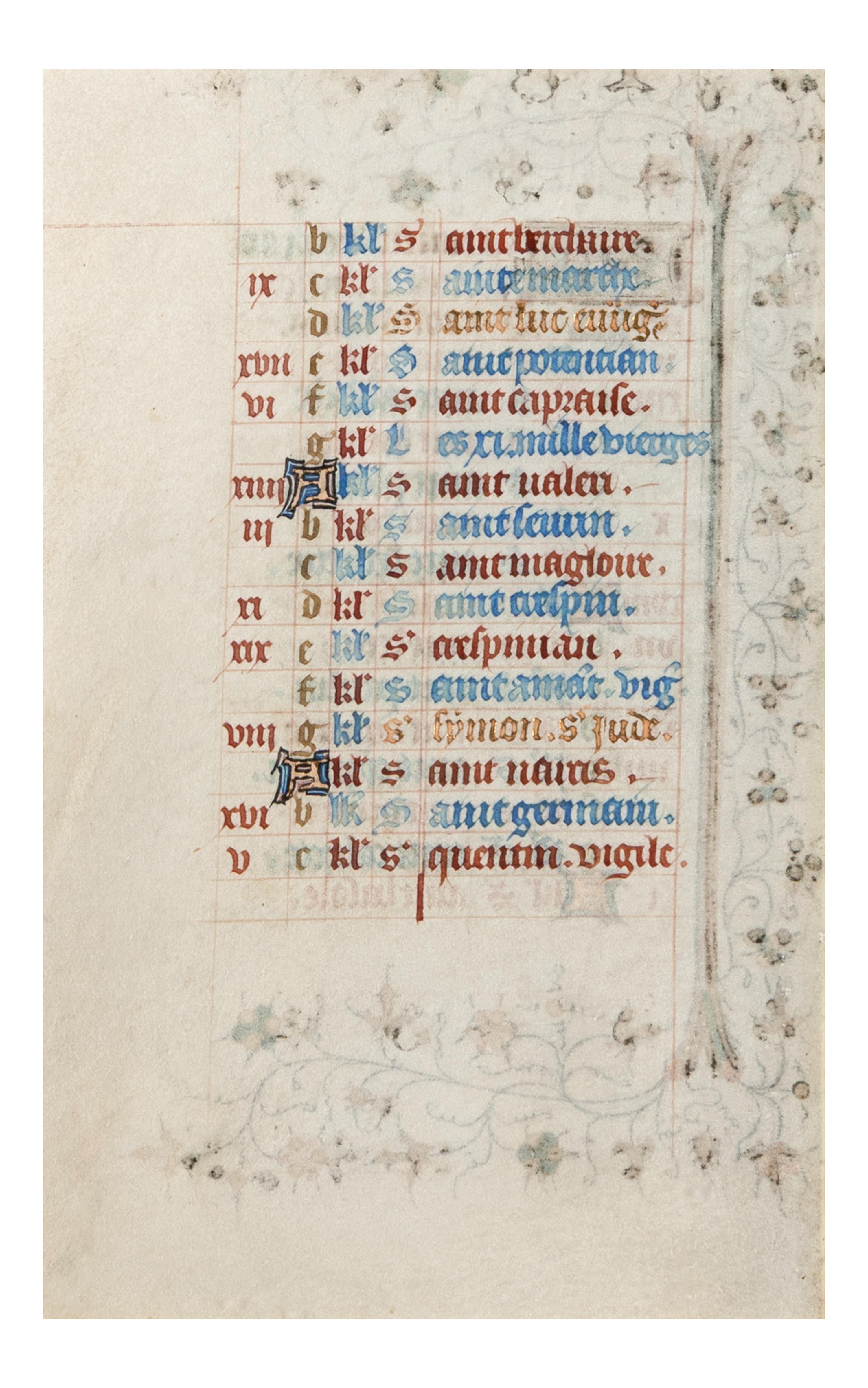 Two leaves from Books of Hours, a calendar for October and a litany [France, first half of the fifteenth century]