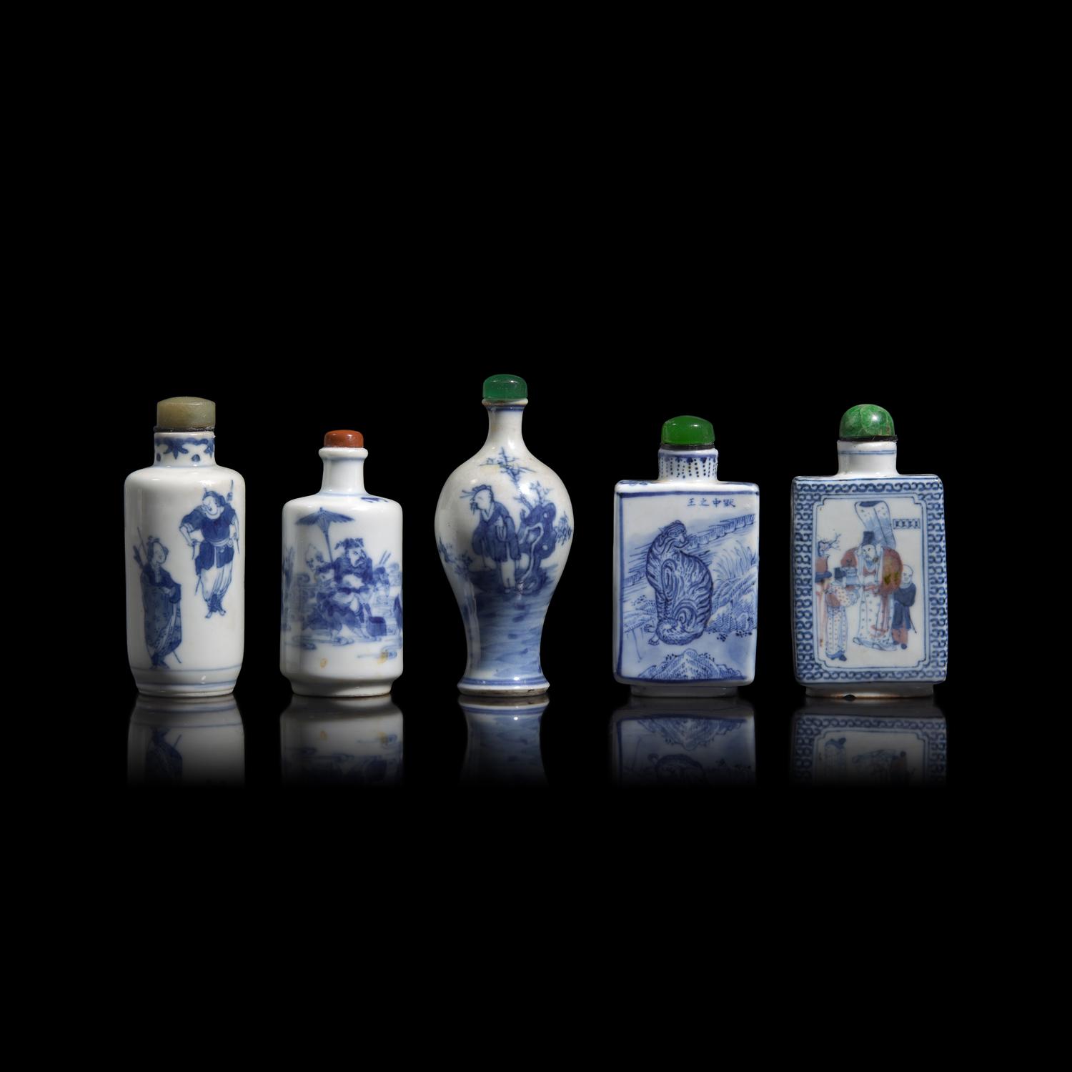Five Chinese Blue and White Porcelain Snuff Bottles