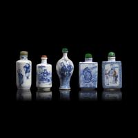 Five Chinese Blue and White Porcelain Snuff Bottles