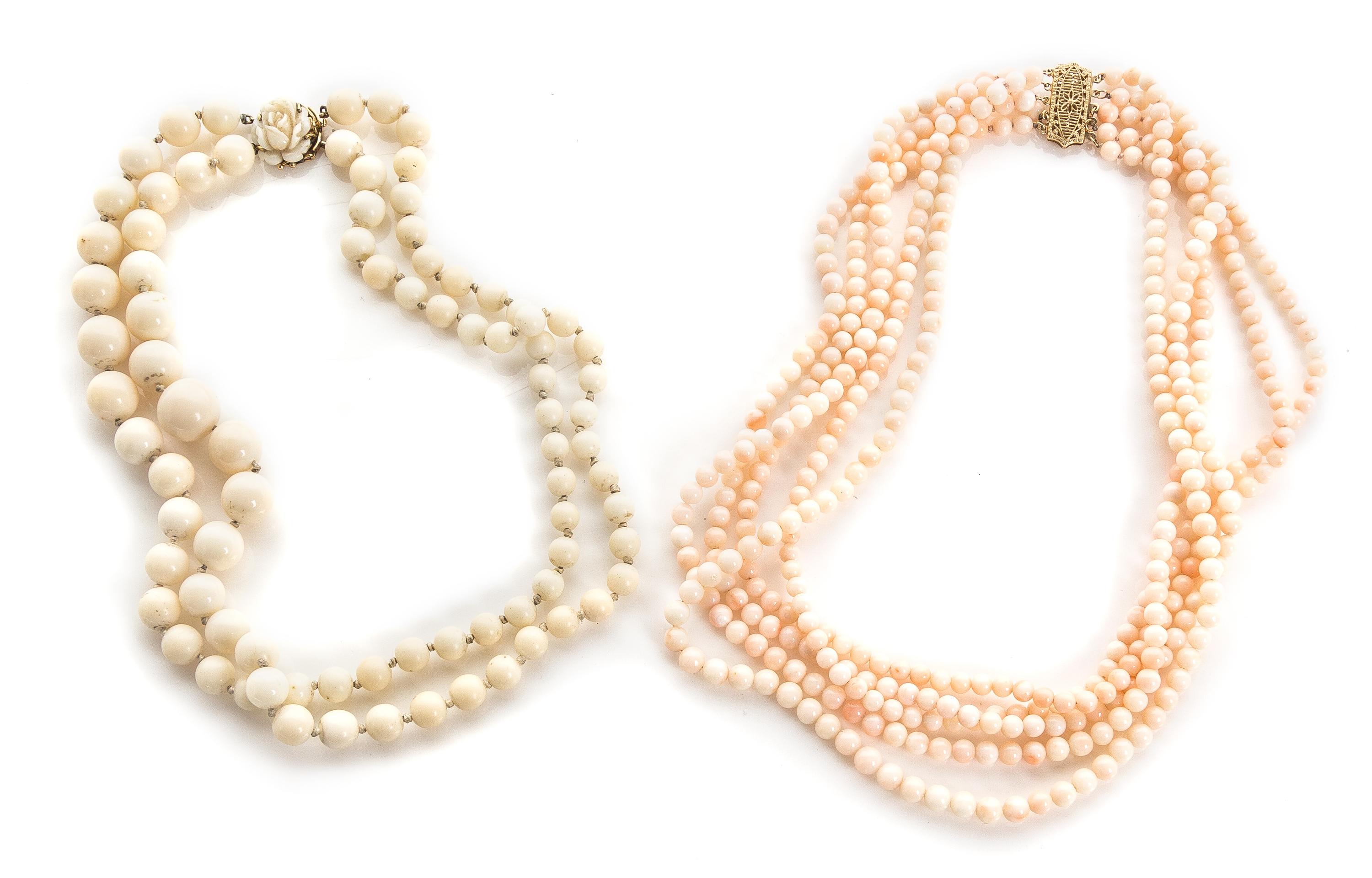 A Collection of 14 Karat Yellow Gold and Coral Necklaces, 95.30 dwts.