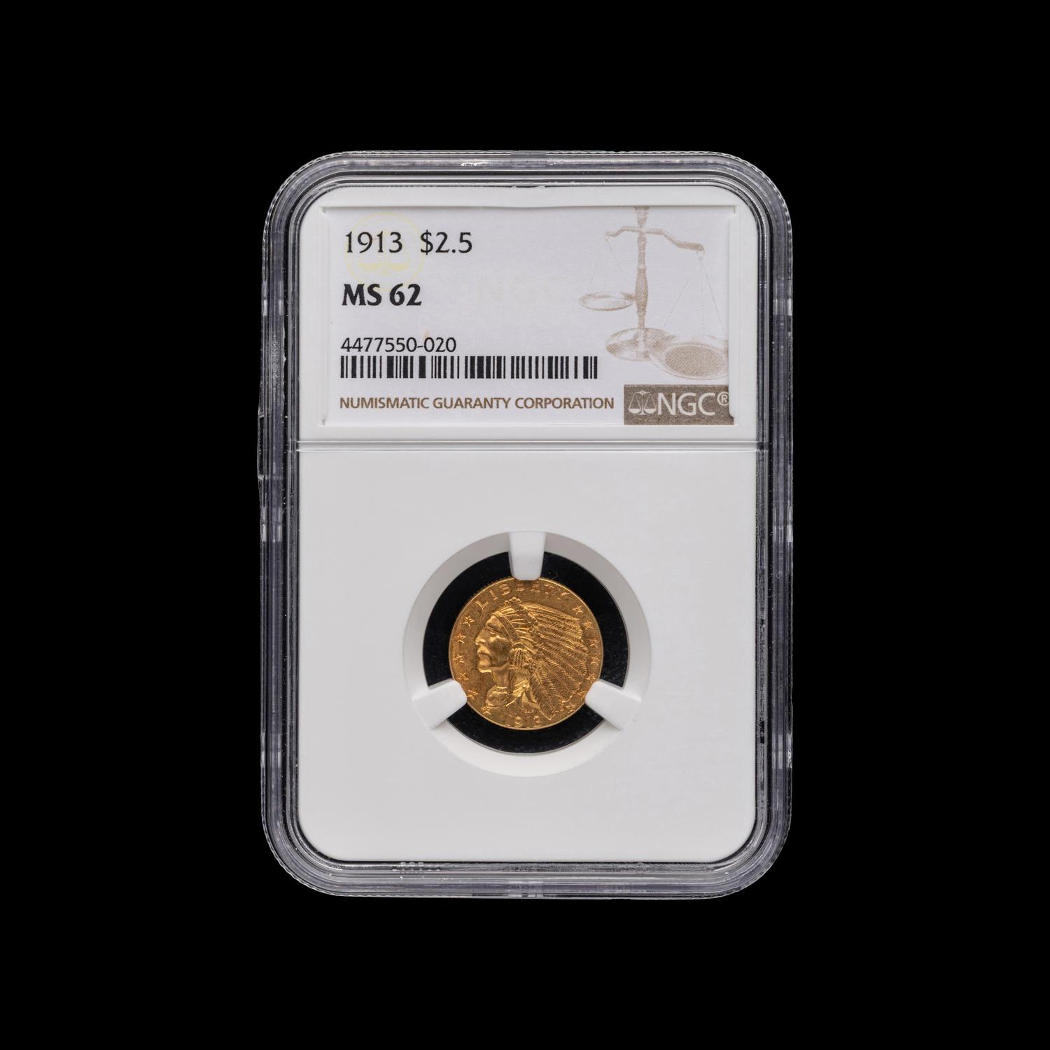 A 1913 Indian Head $2.50 Gold Coin [NGC MS62]