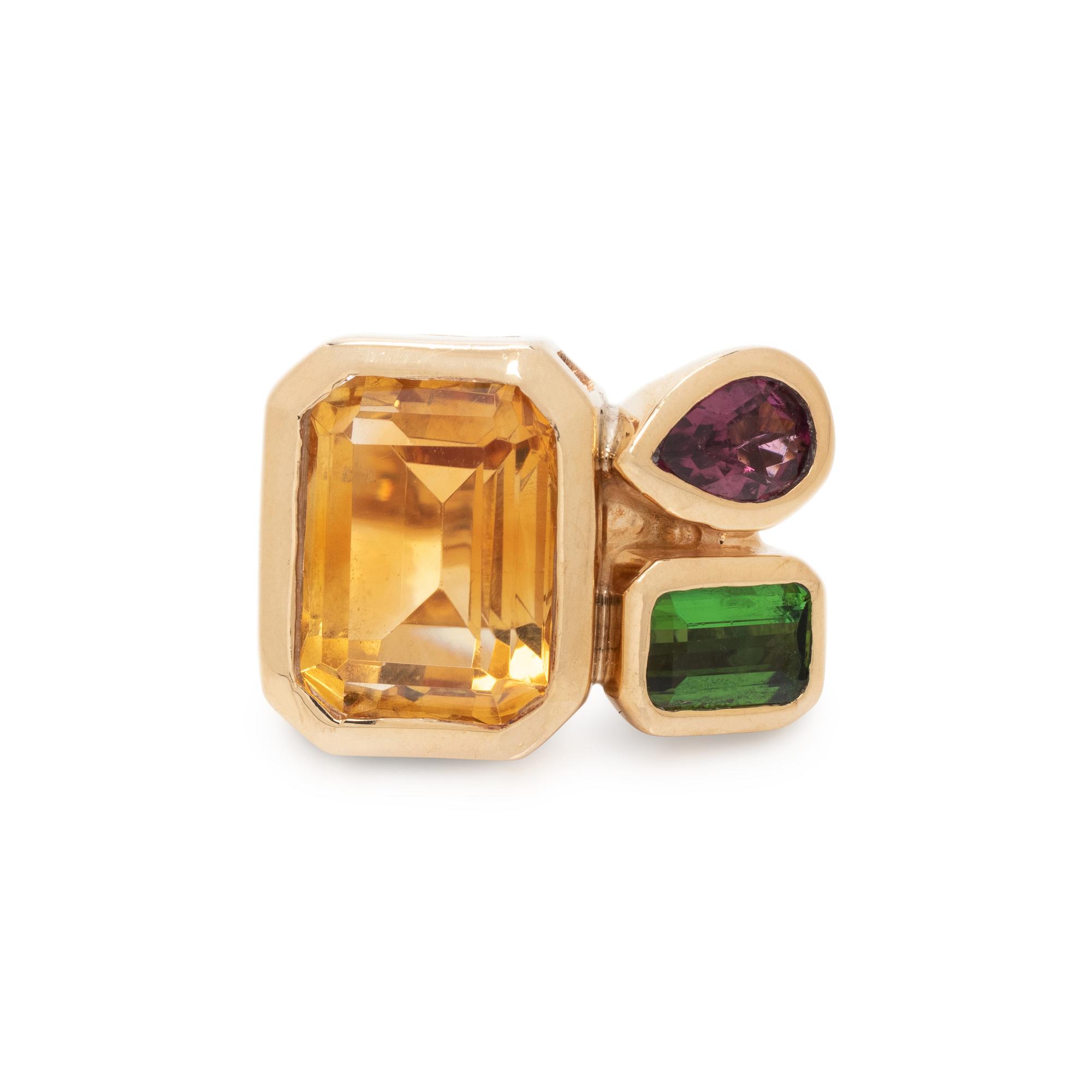 YELLOW GOLD, CITRINE AND MULTICOLOR TOURMALINE RING