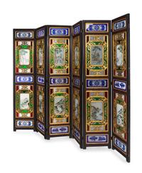 A Chinese Painted Glass Inset Gilt Decorated Hardwood Six-Panel Floor Screen