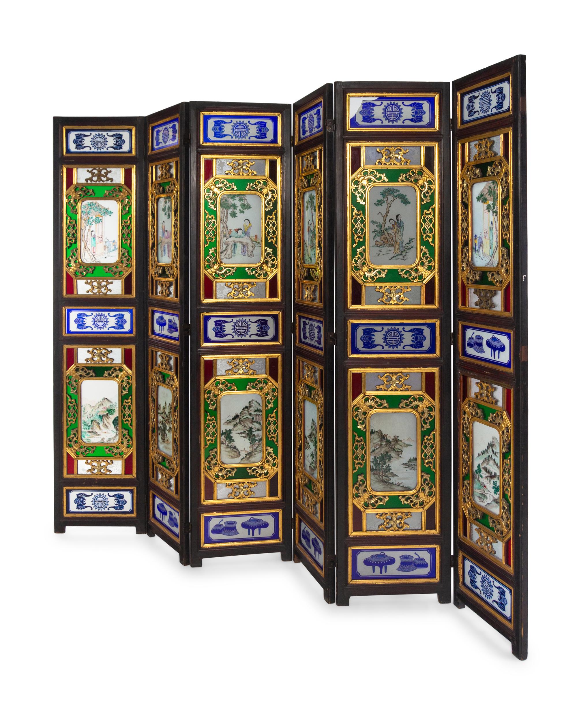 A Chinese Painted Glass Inset Gilt Decorated Hardwood Six-Panel Floor Screen