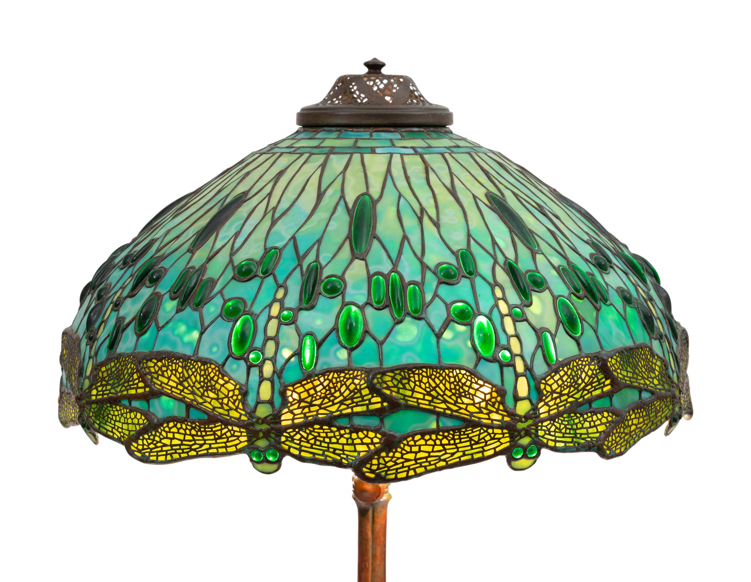 A Leaded Glass and Patinated Metal Dragonfly Table Lamp