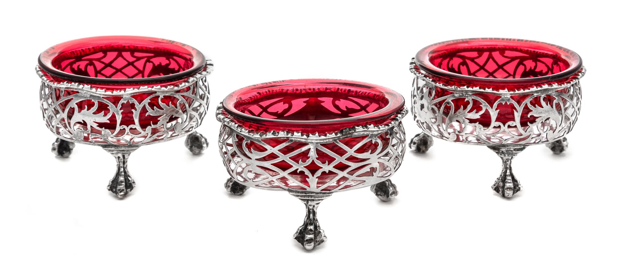 A Set of Three Irish George III Silver Salts, Likely William Bond, Dublin, Late 18th Century, each having an undulating rim above the p