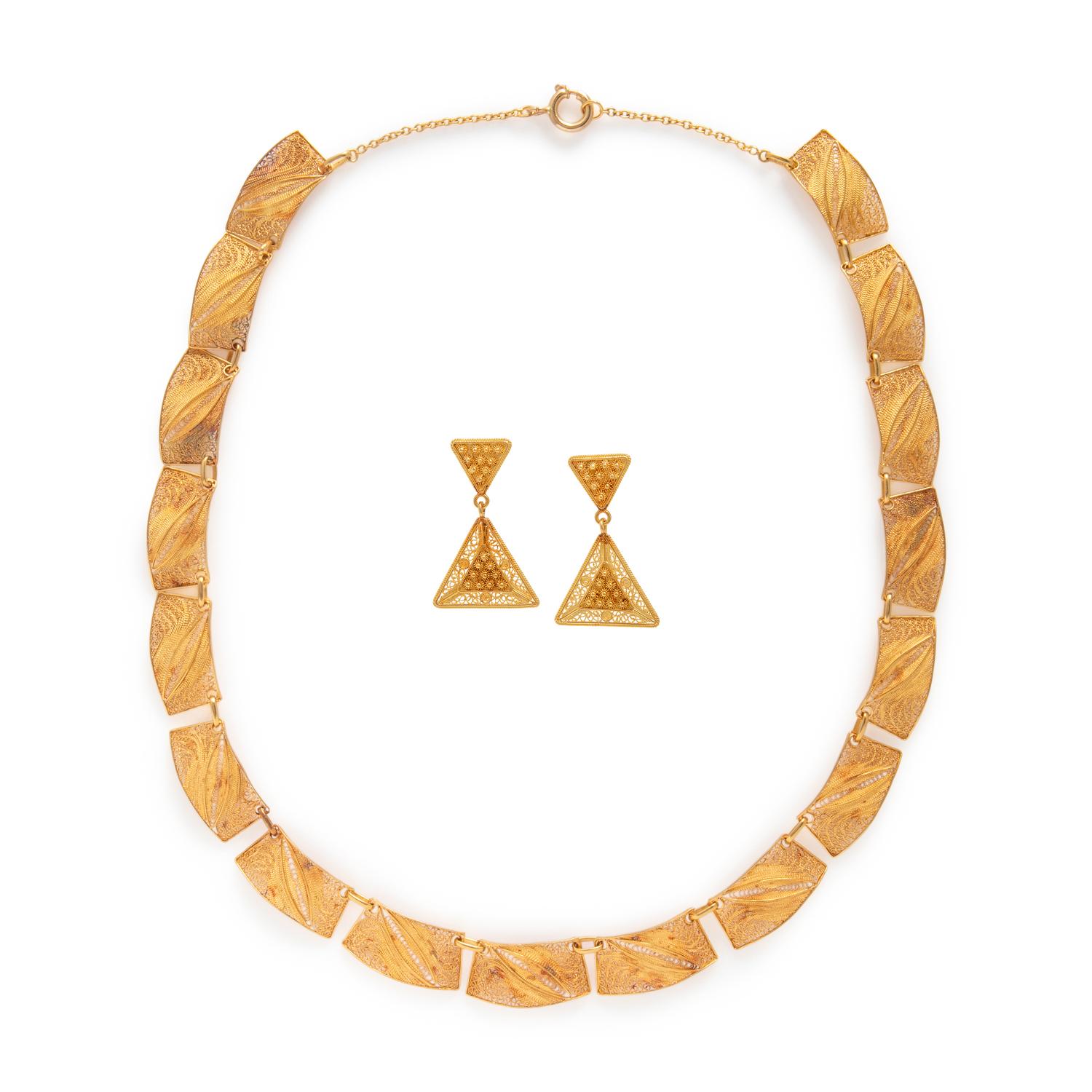 Portuguese, Yellow Gold Filigree Earrings and Necklace