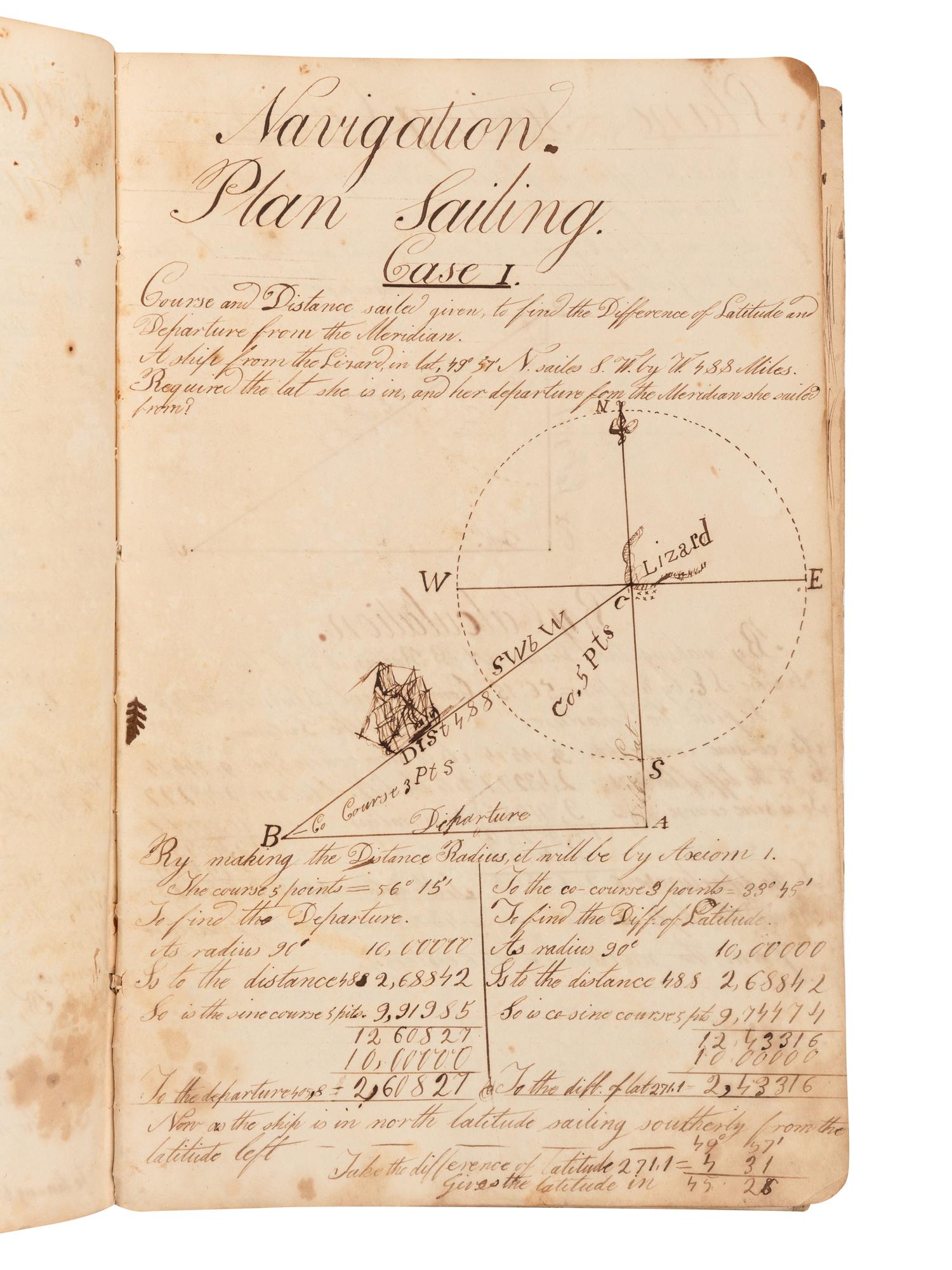 [MANUSCRIPT – SURVEYING]. Notebook containing surveying, navigation, and examples of practical arithmetic. Mystic River, CT, 1860.