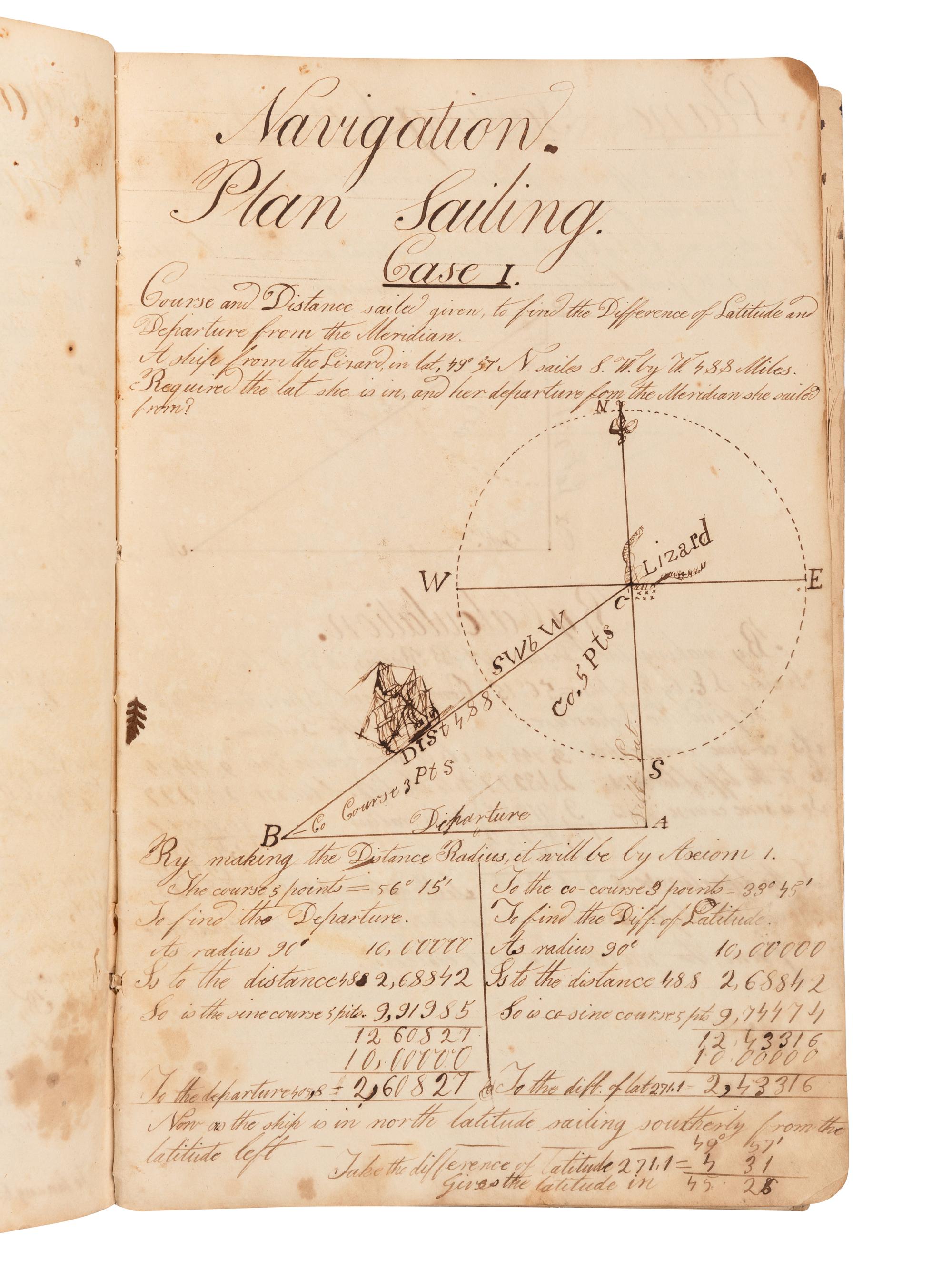 [MANUSCRIPT – SURVEYING]. Notebook containing surveying, navigation, and examples of practical arithmetic. Mystic River, CT, 1860.