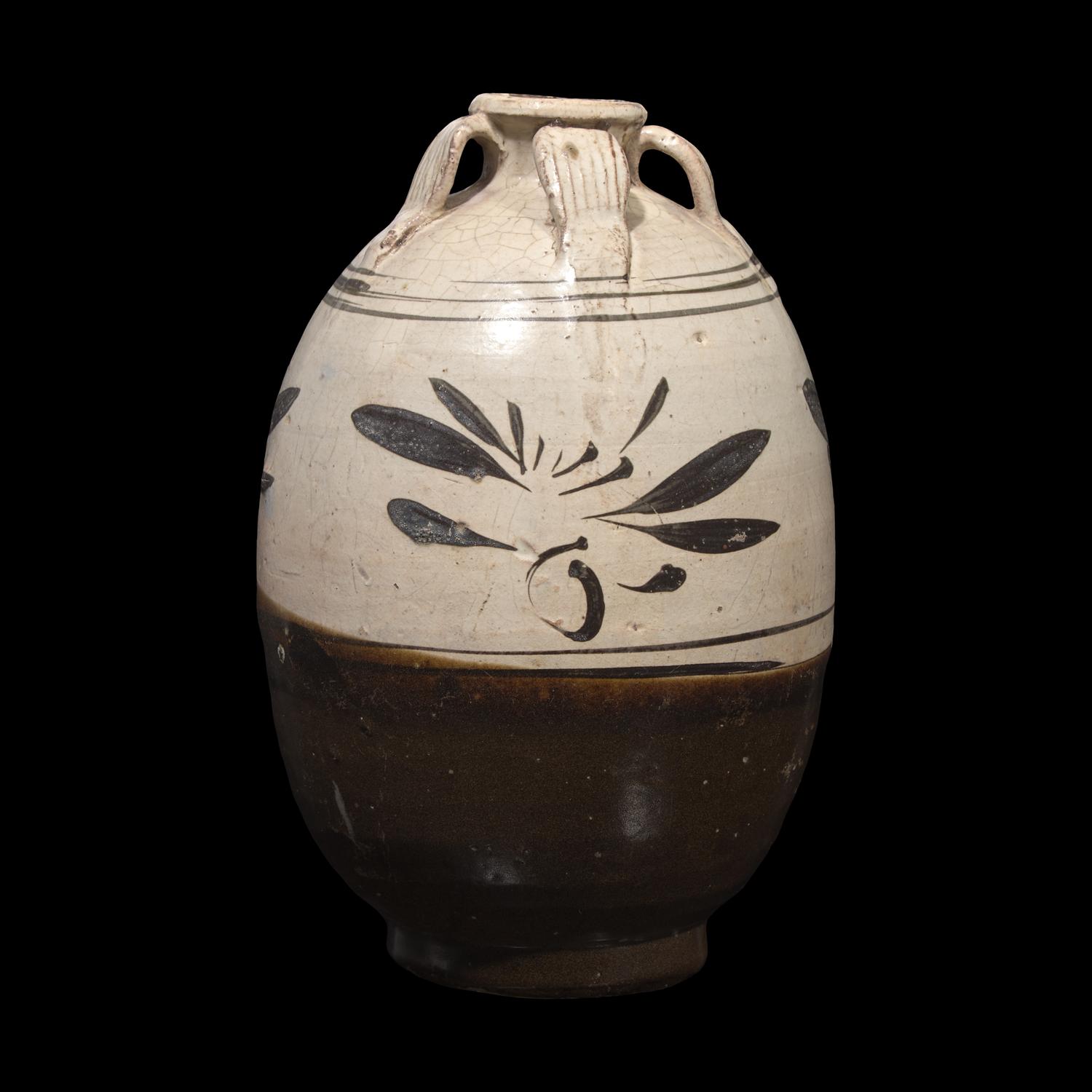 A Chinese Cizhou Stoneware Ovoid Jar, Yuan-Ming Dynasty 元-明 磁州窯花卉紋四系罐