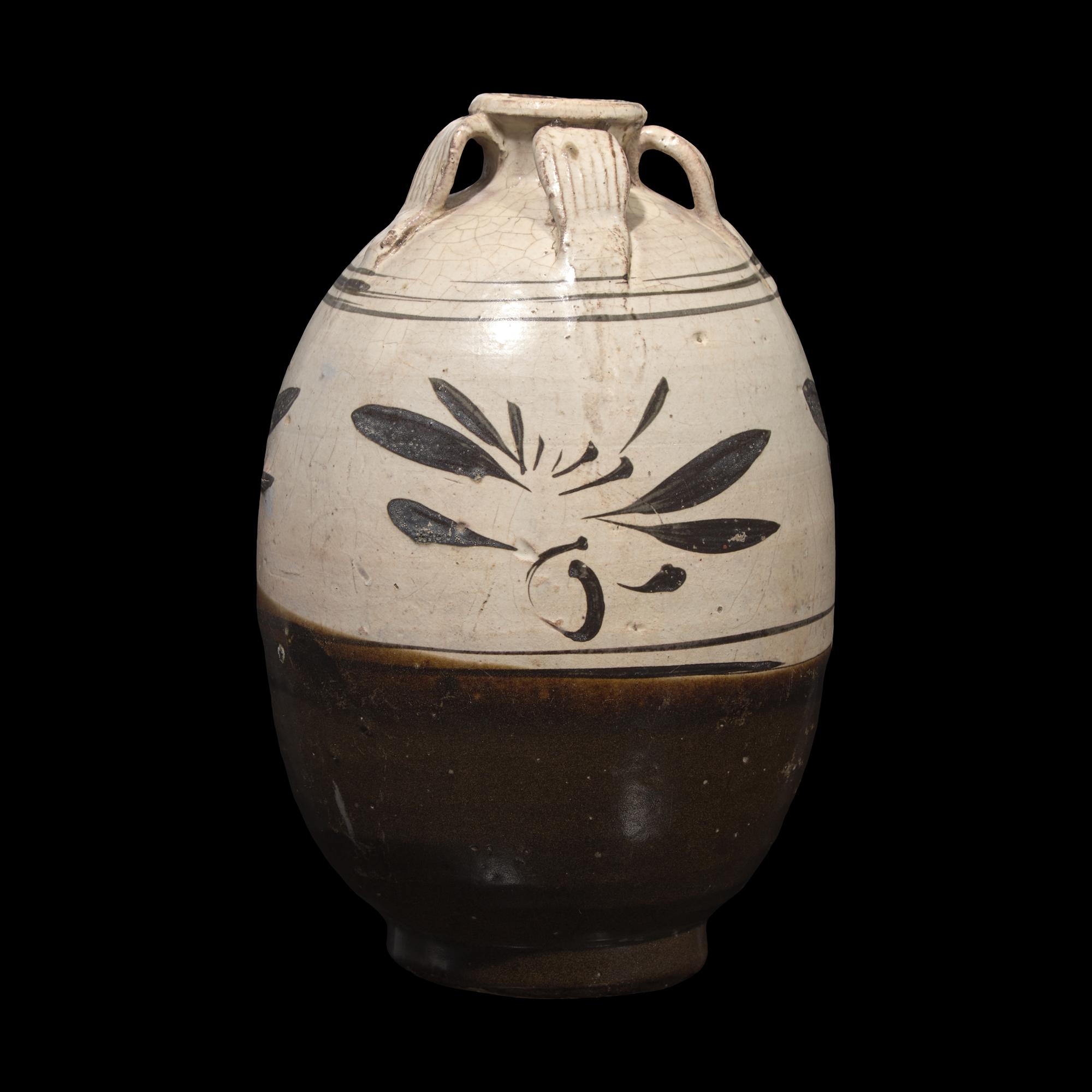 A Chinese Cizhou Stoneware Ovoid Jar, Yuan-Ming Dynasty 元-明 磁州窯花卉紋四系罐