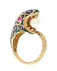 A 18 Karat Yellow Gold, Ruby, Cultured Pearl and Polychrome Enamel Ring, 7.25 dwts.