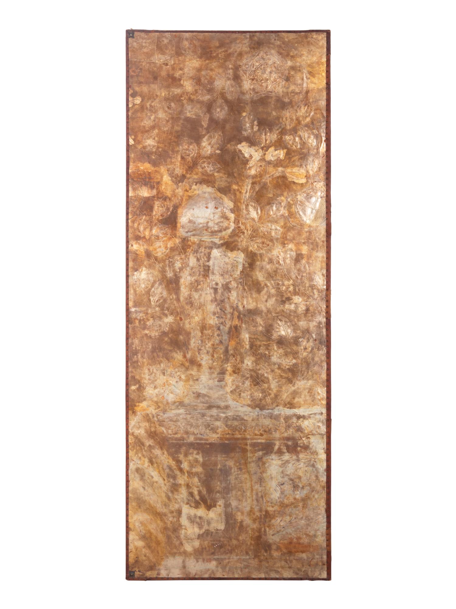 A Silver and Gilt Decorated Leather Four-Panel Screen