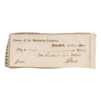 Burr, Aaron (1756-1836). Partly printed check signed ("A. Burr"), New York, 4 January 1800.