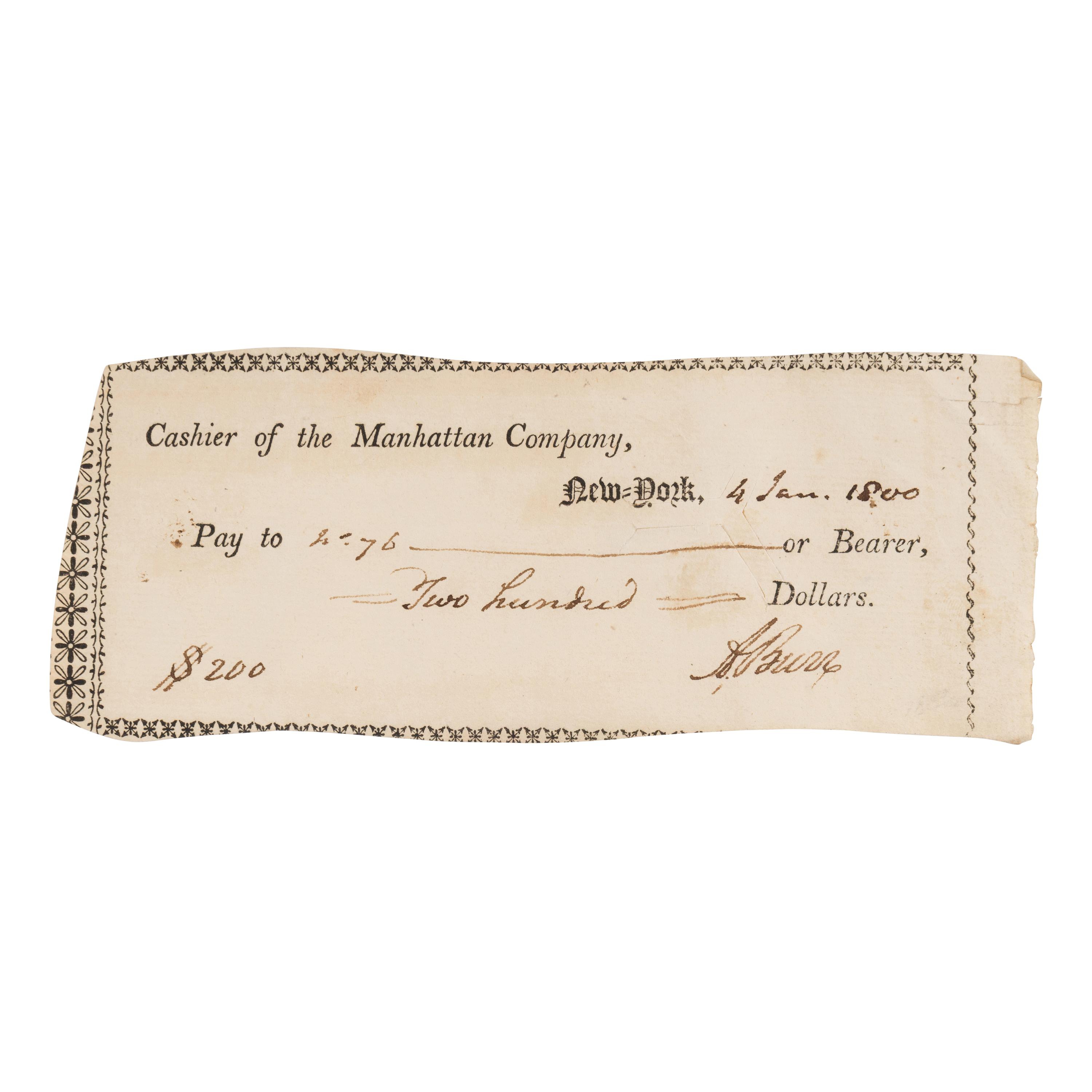 Burr, Aaron (1756-1836). Partly printed check signed ("A. Burr"), New York, 4 January 1800.