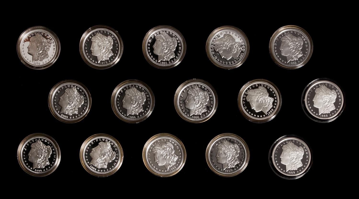 A Group of 15 Reproduction Morgan Silver Dollar 1 Ounce Silver Rounds