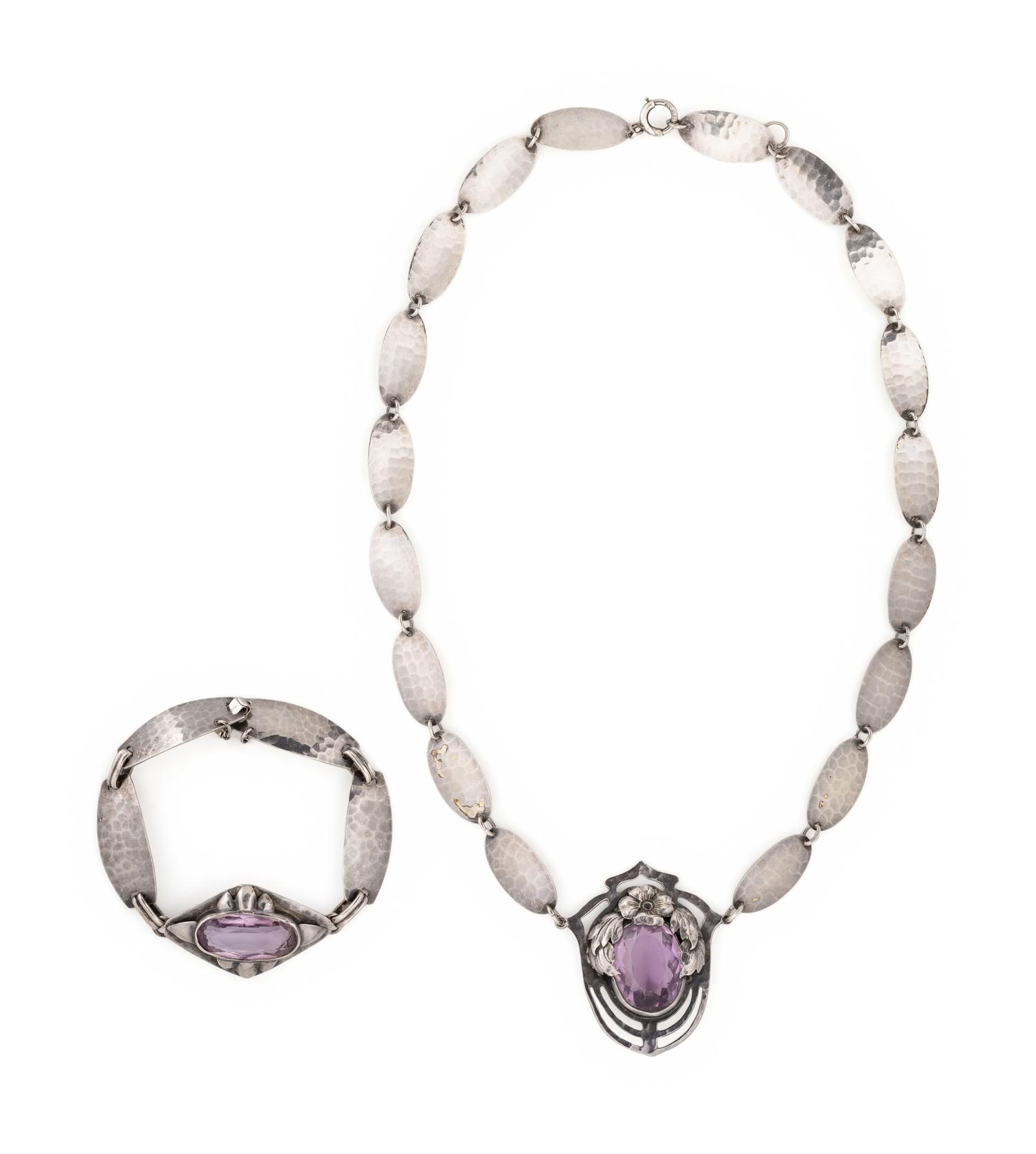 ARTS & CRAFTS, STERLING SILVER AND AMETHYST NECKLACE AND BRACELET