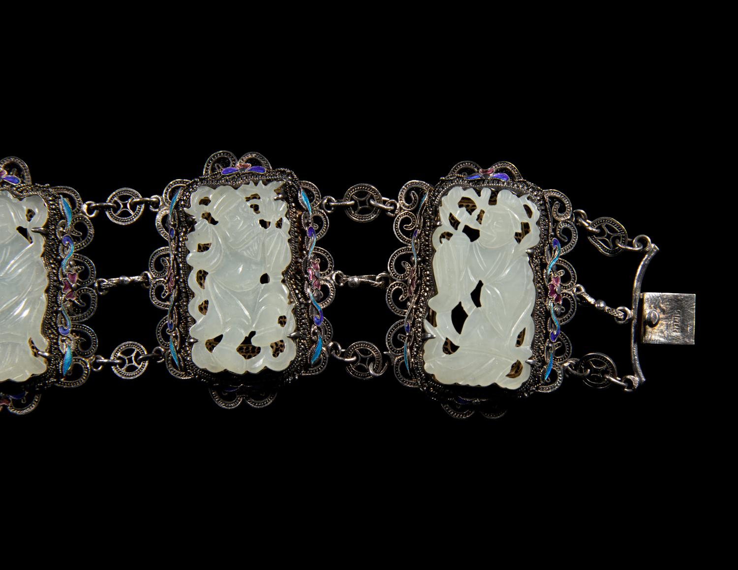 Two Chinese Jade and Jadeite Inset Silvered Metal Bracelets
