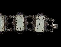 Two Chinese Jade and Jadeite Inset Silvered Metal Bracelets
