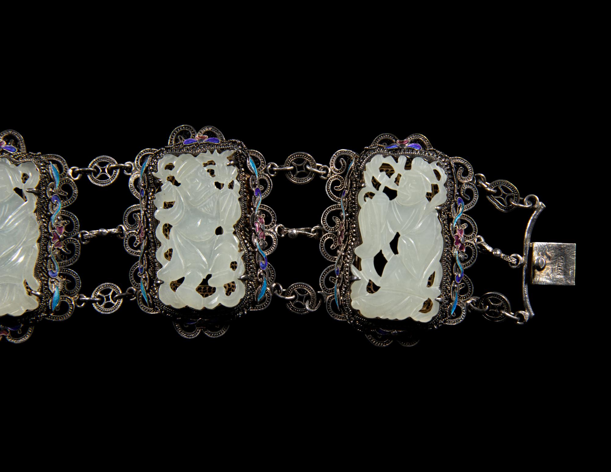 Two Chinese Jade and Jadeite Inset Silvered Metal Bracelets