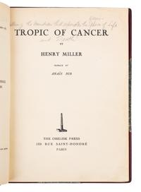 MILLER, Henry (1891-1980). The Tropic of Cancer. Paris: Obelisk Press, [1934].