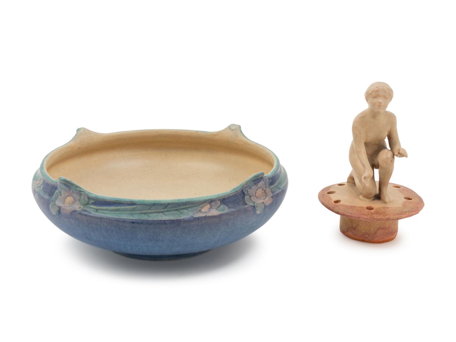 Low Bowl, c. 1922 together with an American art pottery figural flower frog