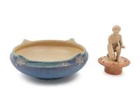 Low Bowl, c. 1922 together with an American art pottery figural flower frog