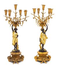 A Pair of Louis XV Style Gilt and Patinated Bronze Figural Five-Light Candelabra Height 22 3/4 inches. — 20TH CENTURY