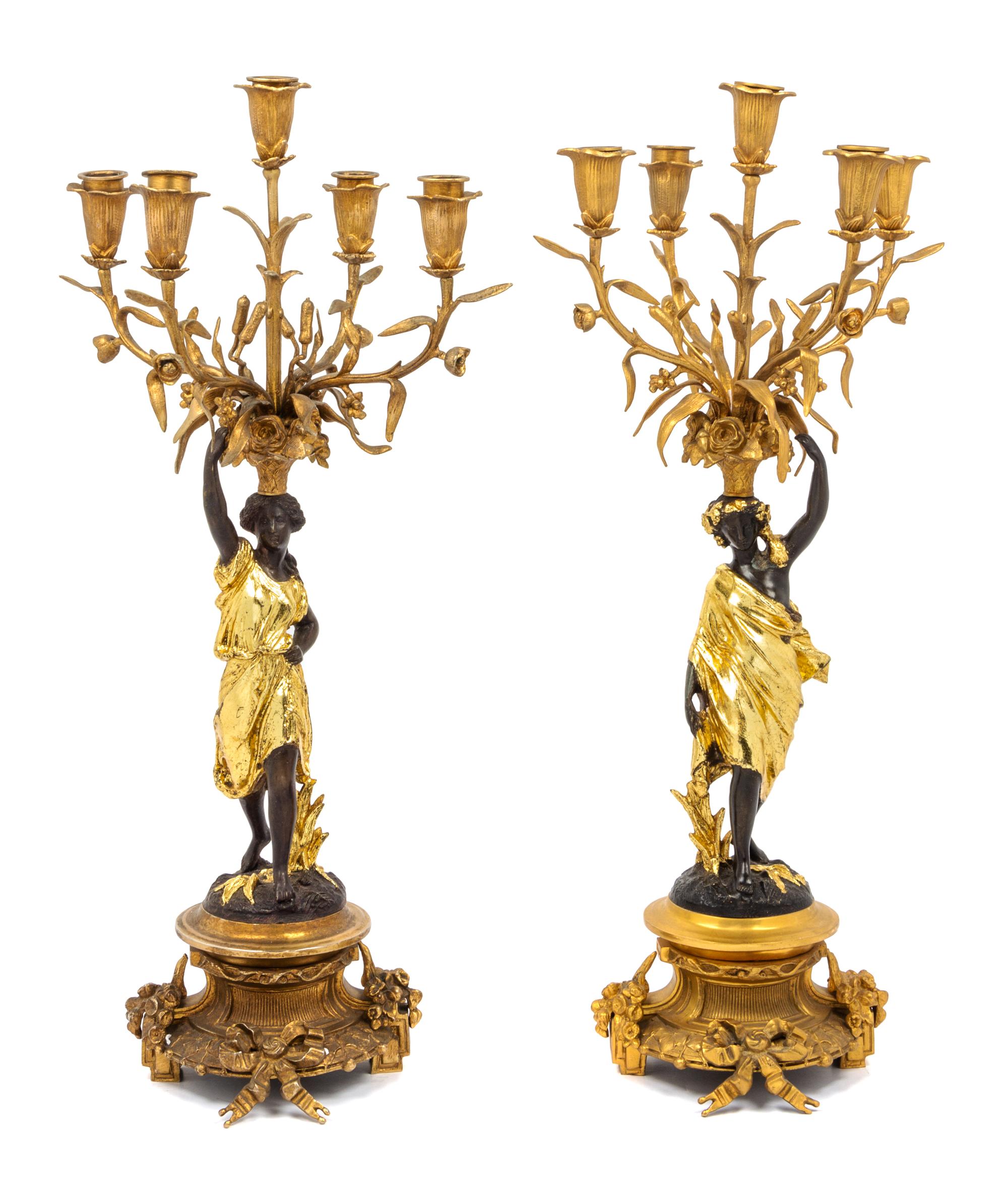 A Pair of Louis XV Style Gilt and Patinated Bronze Figural Five-Light Candelabra Height 22 3/4 inches. — 20TH CENTURY