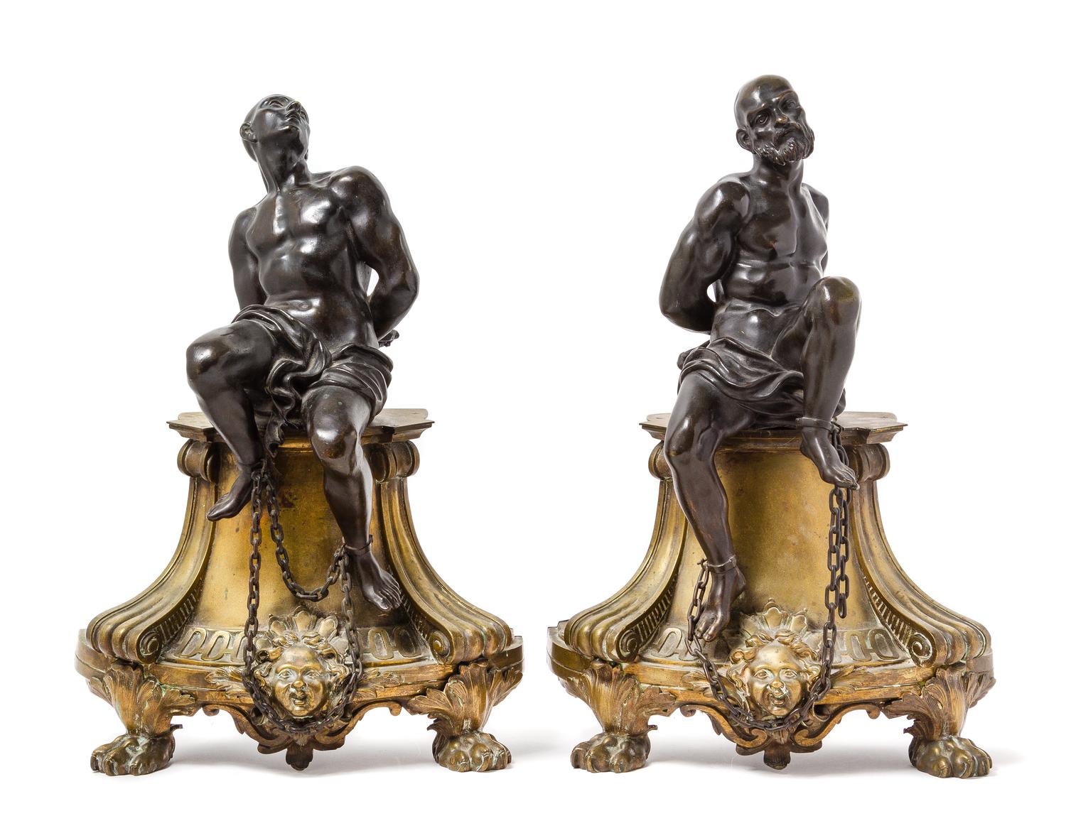 A Pair of French Gilt and Patinated Bronze Figural Chenets Height of taller 22 inches. — AFTER THE MODEL BY PIETRO TACCA, 19TH CENTURY