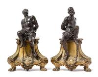 A Pair of French Gilt and Patinated Bronze Figural Chenets Height of taller 22 inches. — AFTER THE MODEL BY PIETRO TACCA, 19TH CENTURY