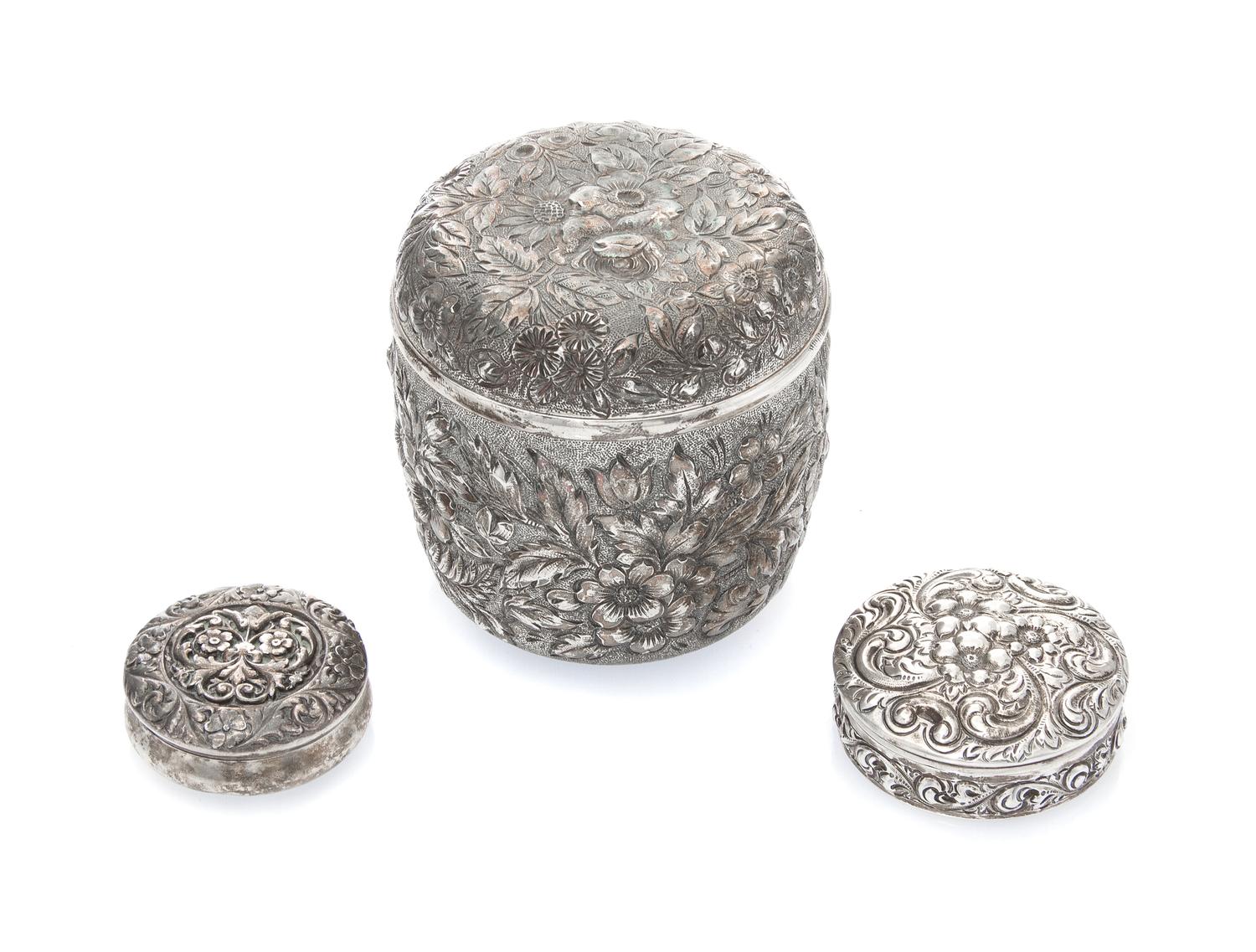 A Group of Three American Silver Boxes, , each decorated with floral and foliate decoration, the two smaller examples with engraved mon