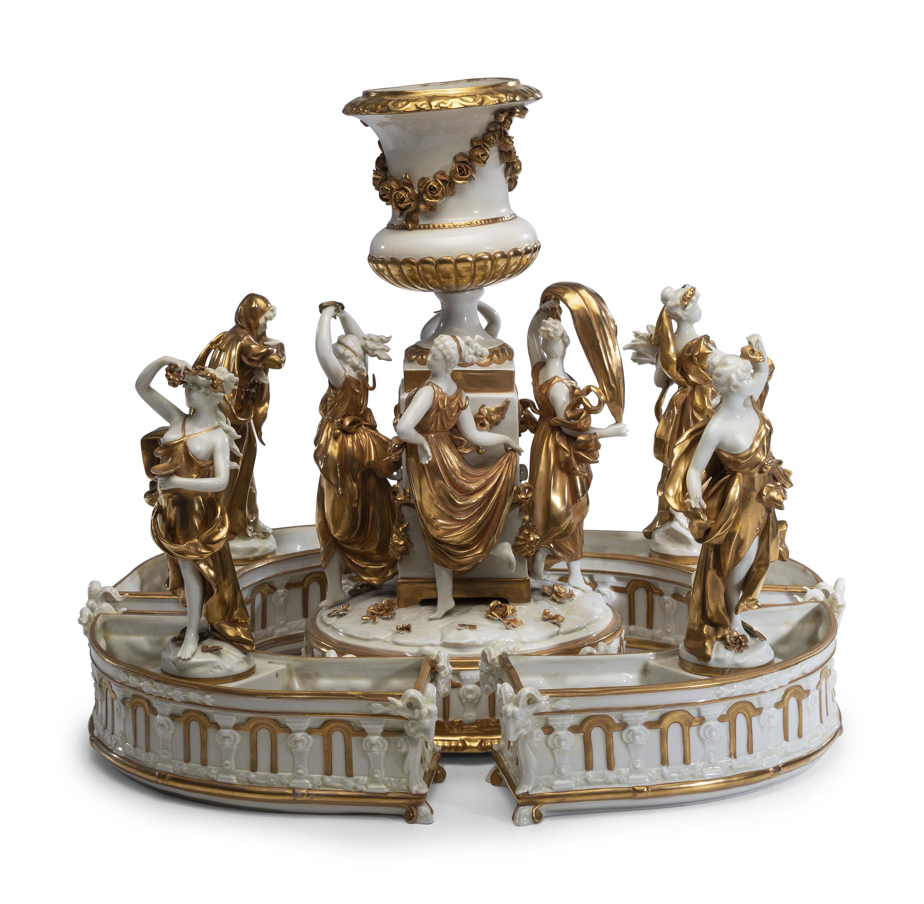 A Capodimonte Five-Piece Parcel Gilt Porcelain Surtout de Table