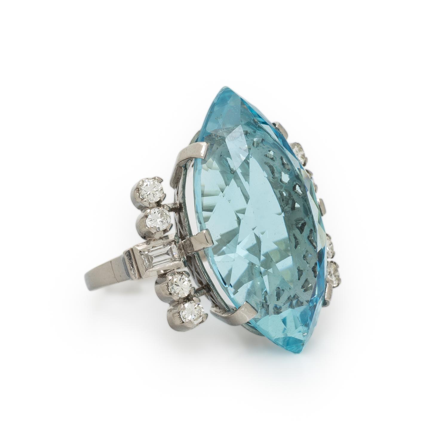 AQUAMARINE, DIAMOND, AND PLATINUM RING