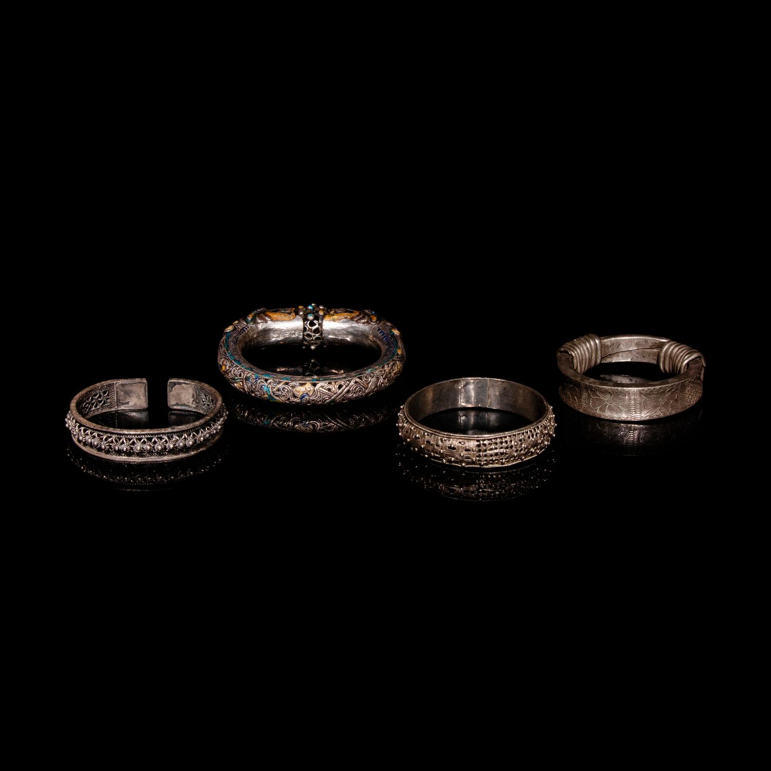 Four Chinese Silver Bangles, 19th Century