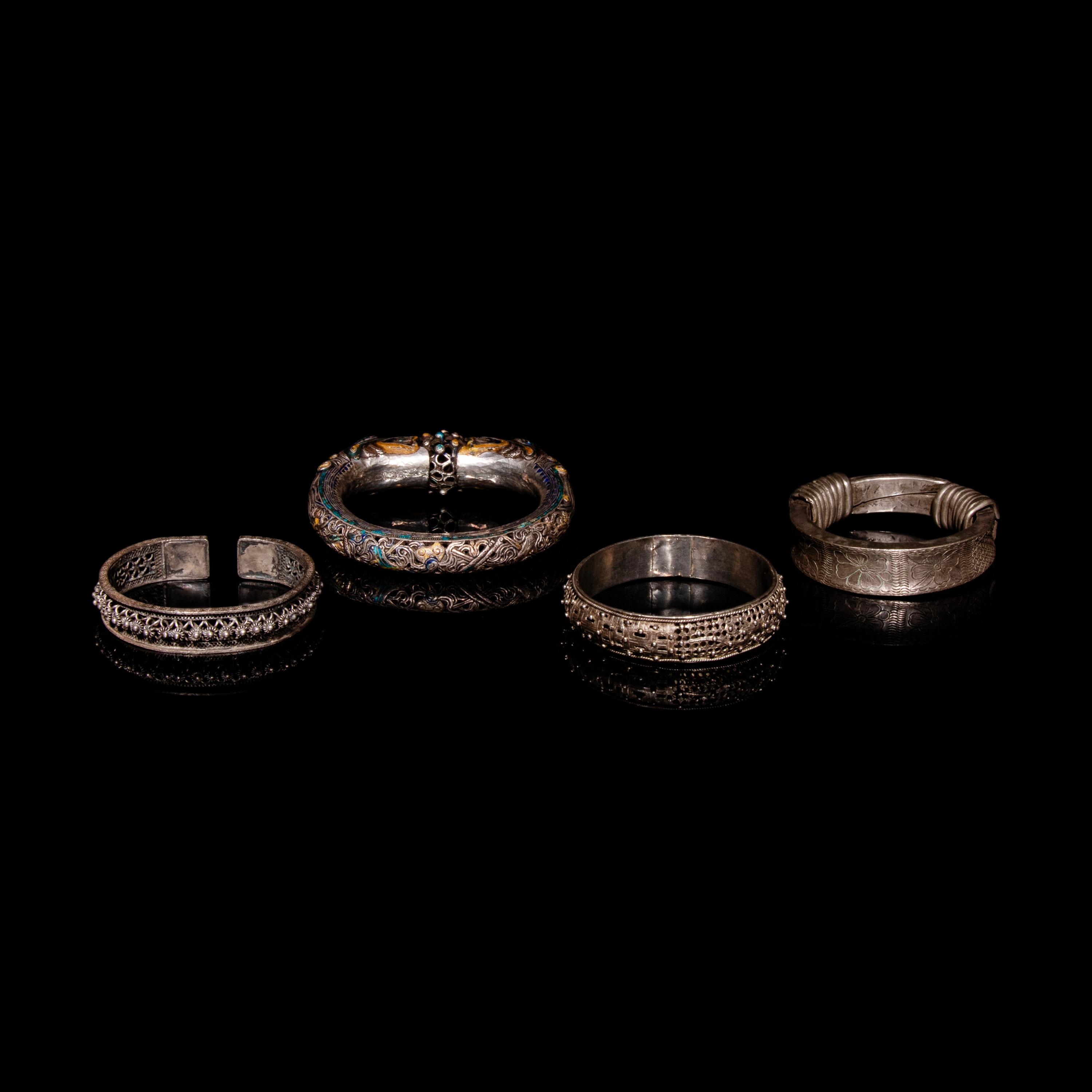 Four Chinese Silver Bangles, 19th Century