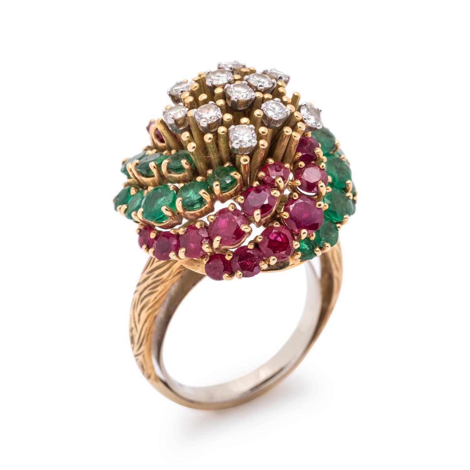 DIAMOND, RUBY AND EMERALD RING