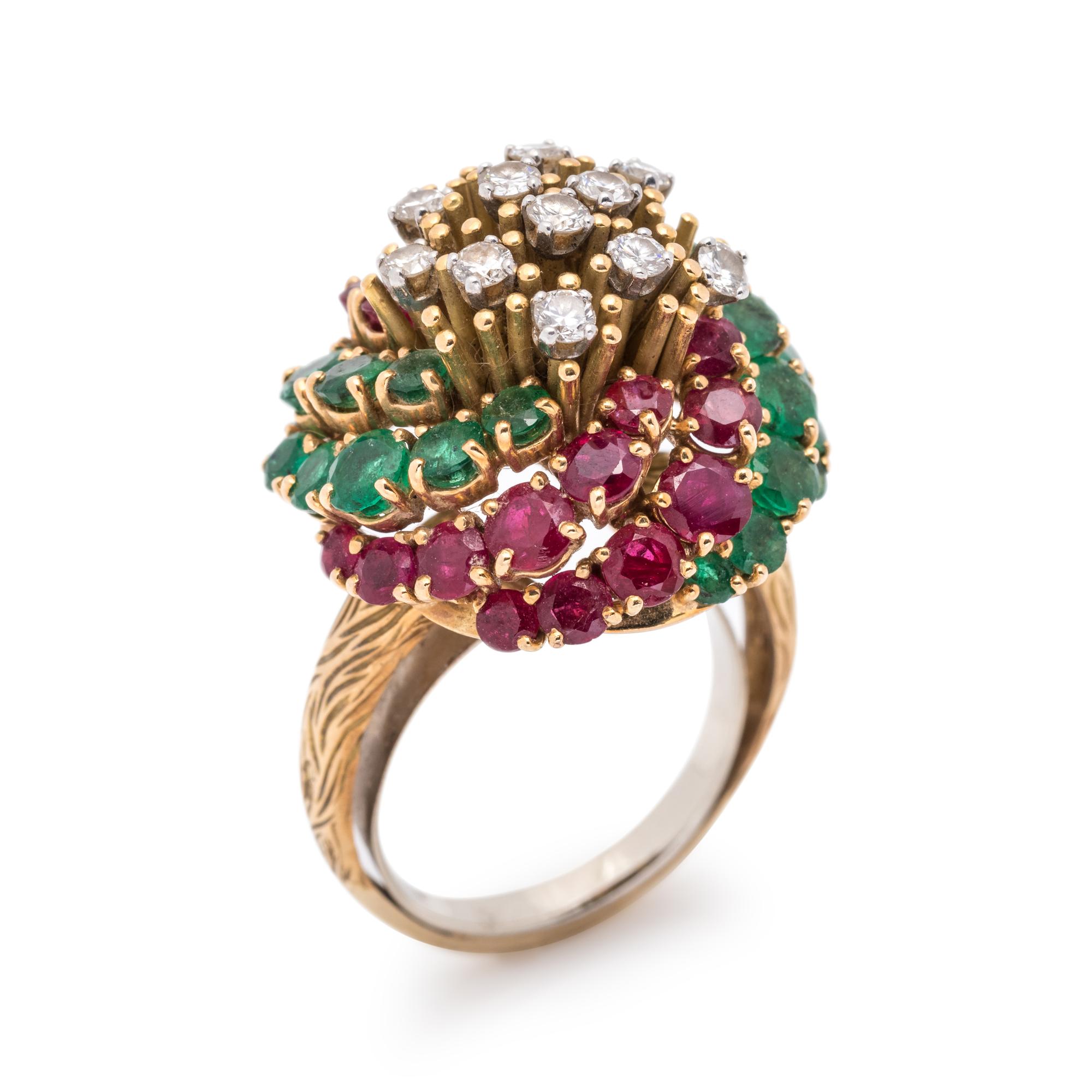 DIAMOND, RUBY AND EMERALD RING