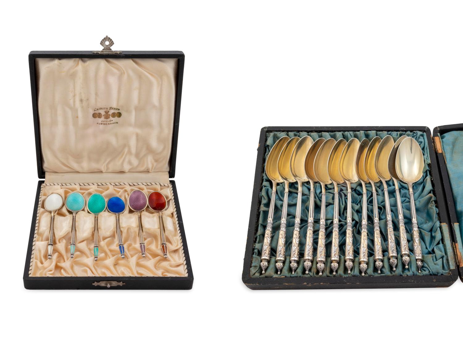 A Set of Twelve French Silver Teaspoons and a Set of Six Danish Silver and Enamel Demitasse Spoons