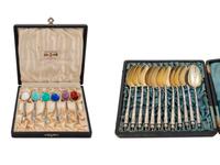 A Set of Twelve French Silver Teaspoons and a Set of Six Danish Silver and Enamel Demitasse Spoons