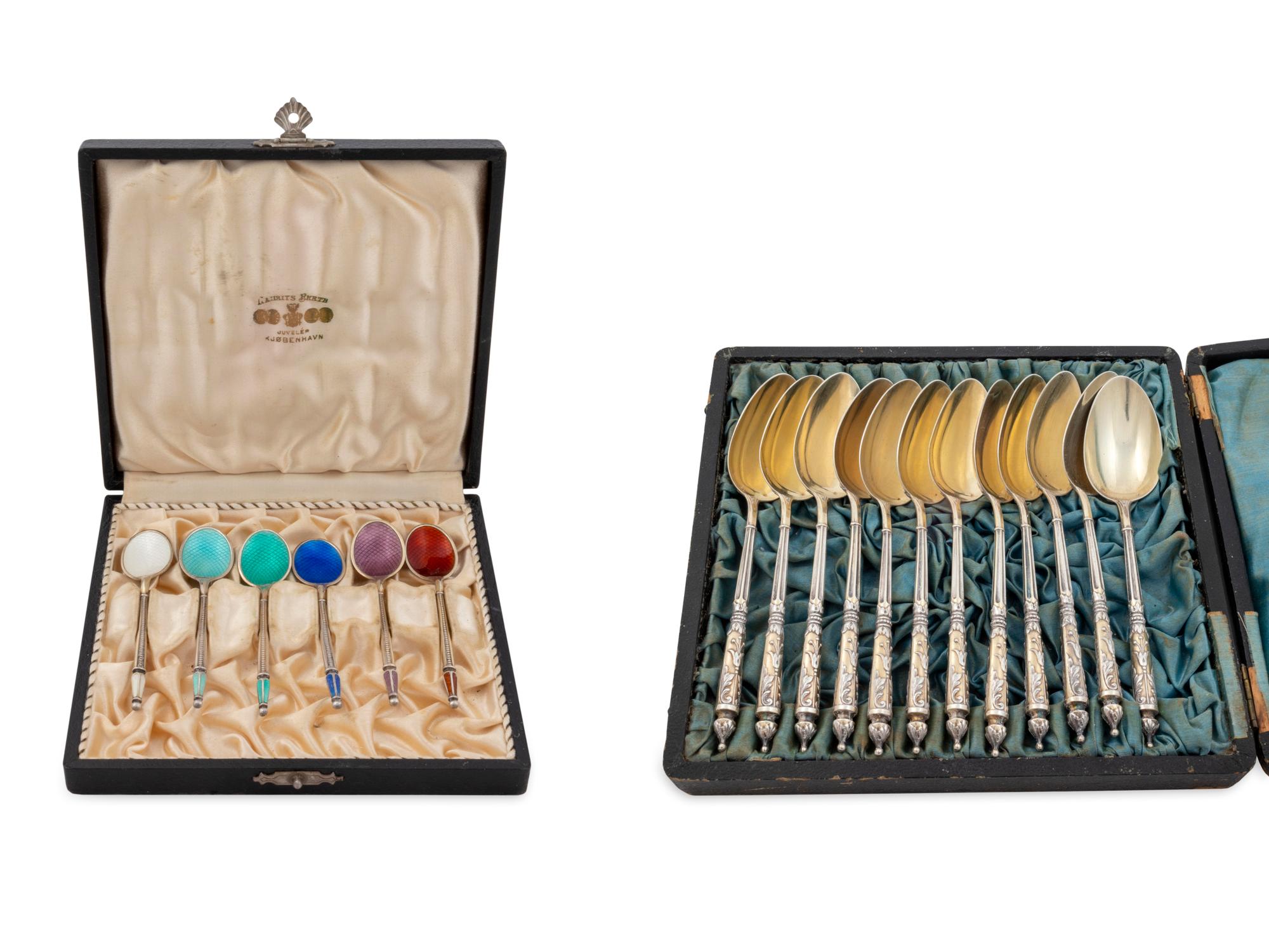 A Set of Twelve French Silver Teaspoons and a Set of Six Danish Silver and Enamel Demitasse Spoons